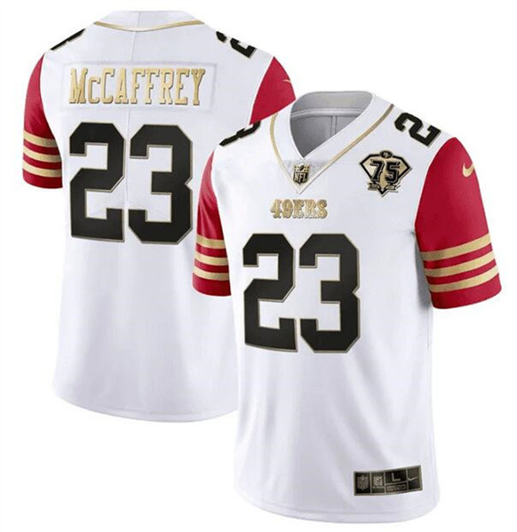 Men's San Francisco 49ers #23 Christian McCaffrey White/Red With 75th Anniversary Patch Stitched Jersey
